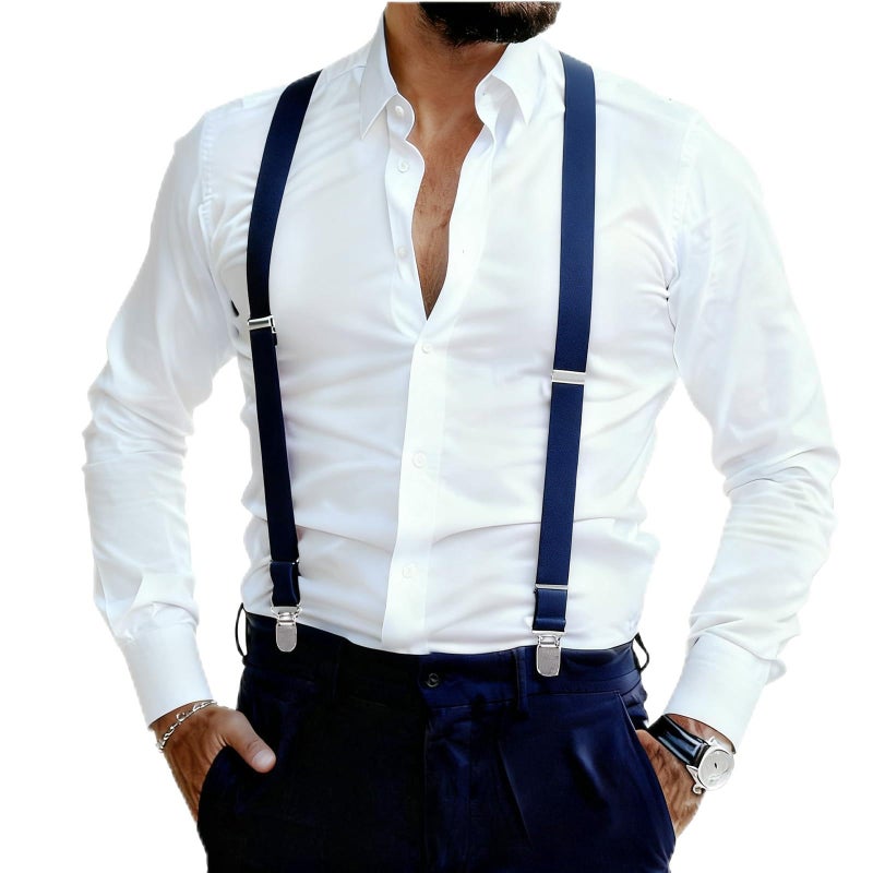 GUCHOL Suspenders for Mens with Strong Metal Clips Adjustable Elastic Y Style Leather Heavy Pants Suspender for Wedding&Party (Navy) - Image 1